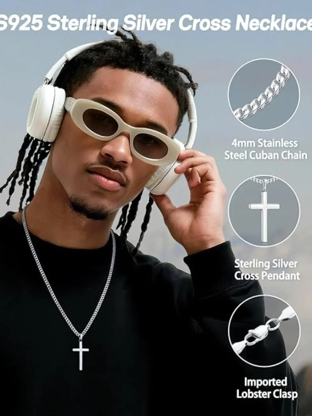 22 Inch S925 Sterling Silver Cross Necklace for Men Women